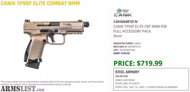 Canik TP9SF Elite Combat from Steel Armory LLC near Avon Lake, Cleveland, OH